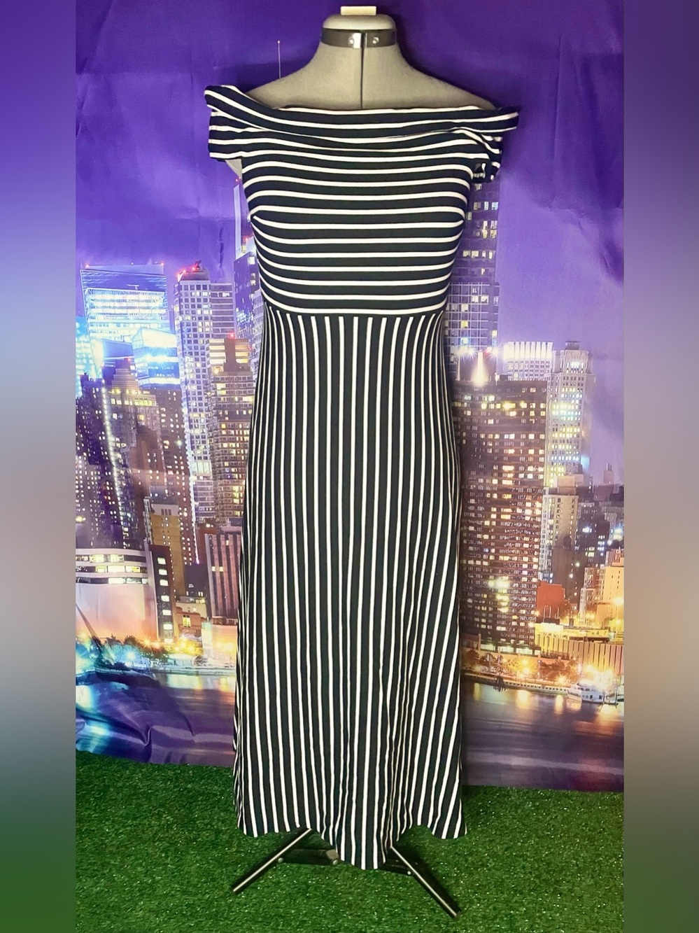 Black and White Striped Off-Shoulder Maxi Dress